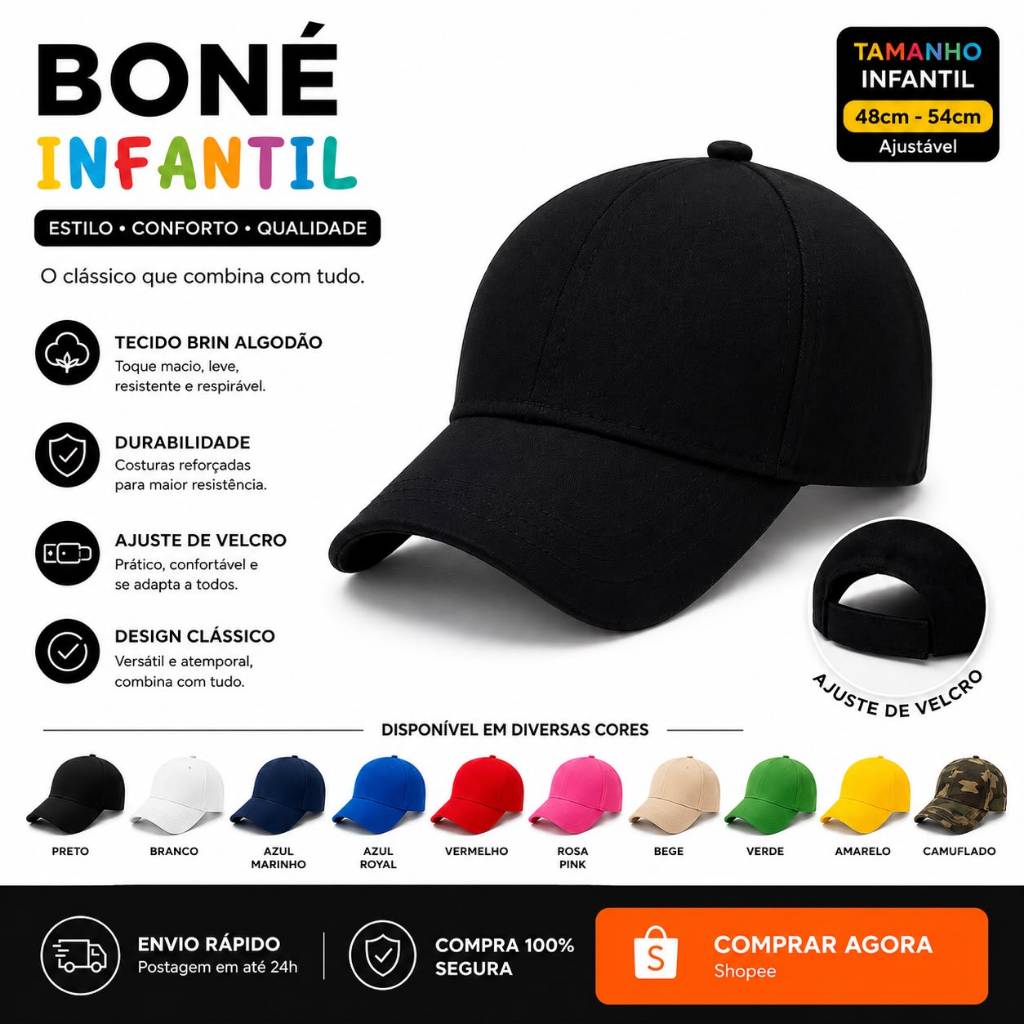 Boné Infantil  Unissex Aba Curva Regulável Ajustável - Envio Imediato
