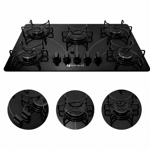 Cooktop a Gás Braslar Pop 5 Bocas - Queimador Central 3000W e Trempes Individuais - Bivolt