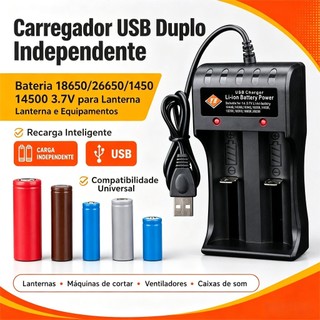 Carregador USB Duplo Independente Bateria 18650/26650/14500 3.7V para Lanterna e Equipamentos