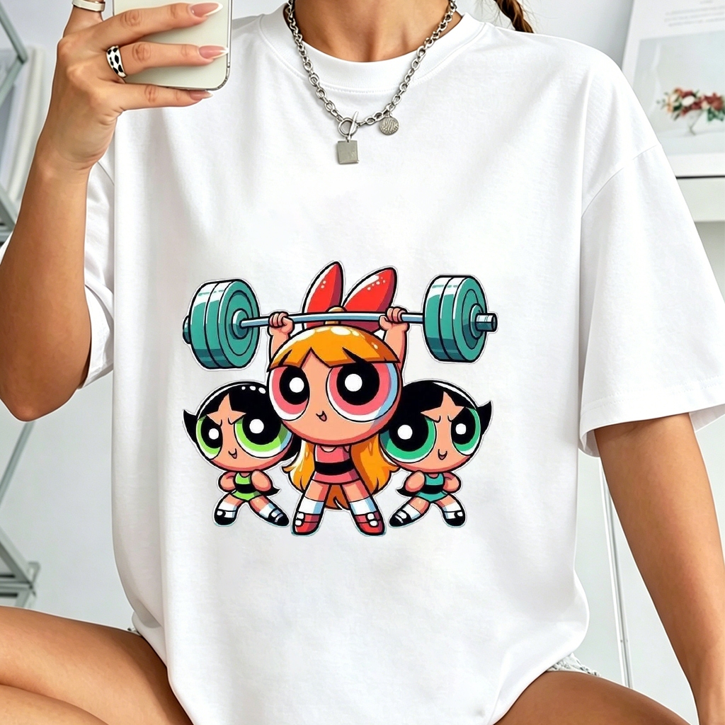 Camiseta Oversized Feminina 100% Algodão Powerpuff Girls Musculação Estampa Cartoon Fitness Academia