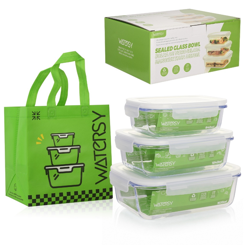 WATERSY kit 3 Marmita de Vidro com Tampa Vedação Silicone Sem Odores Para Trabalho Piquenique