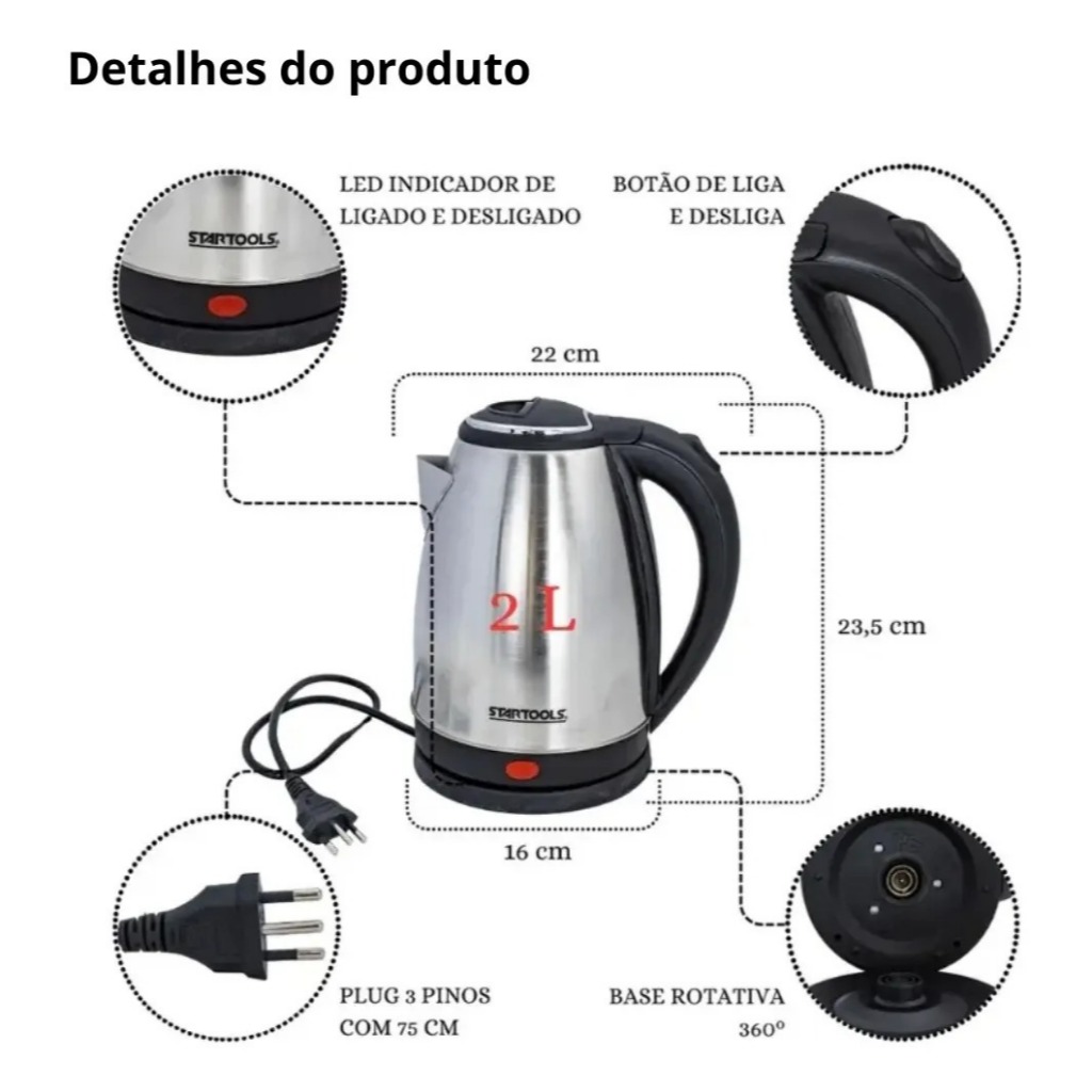 Chaleira Elétrica Inox 2 Litros Jarra Térmica Desligamento Automático Ferve Água Rápido Café Chá