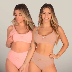 Kit com 2 Conjuntos (Sutiã de Amamentação + Calcinha Pós Parto) Algodão Reforçado Cintura Alta Gestante Sutian Amamentar