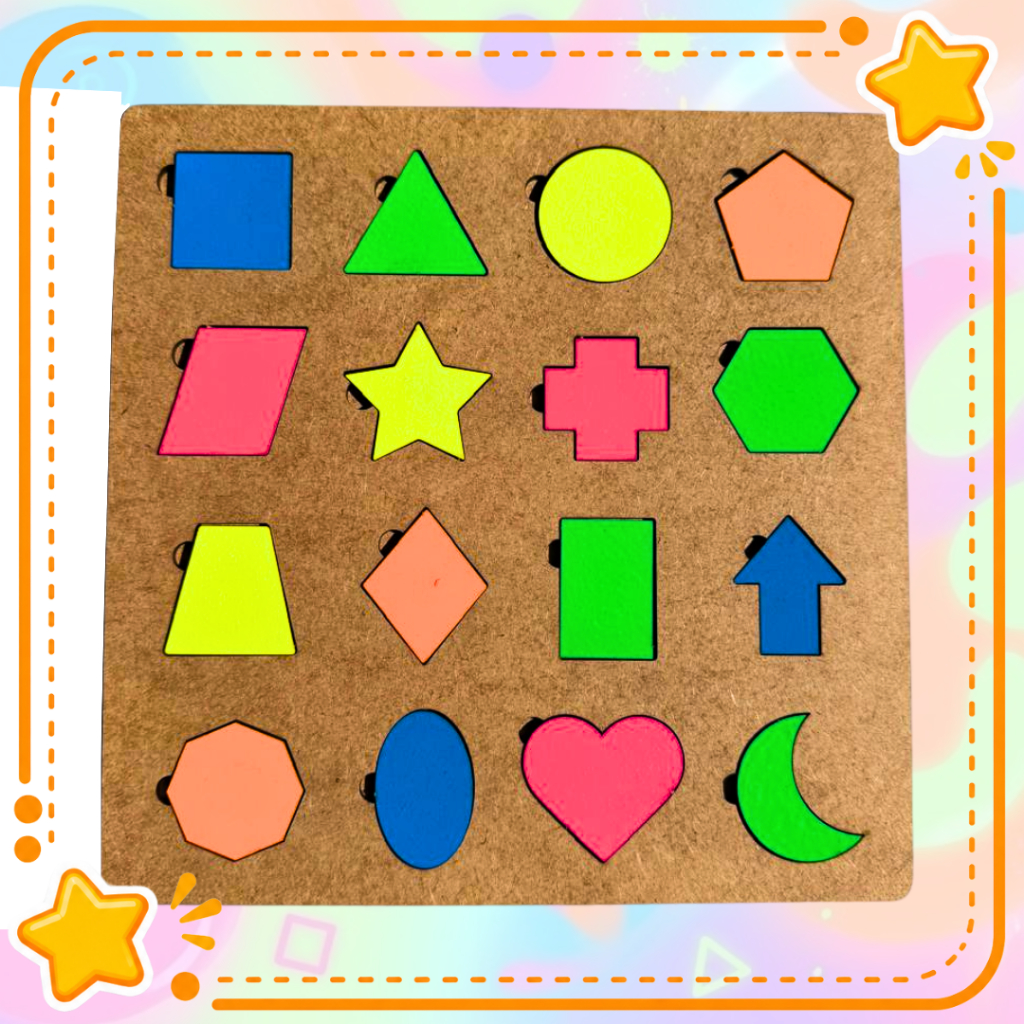 Tabuleiro Brinquedo Pedagógico / Educativo  Formas Geométricas de Madeira nas cores NEON