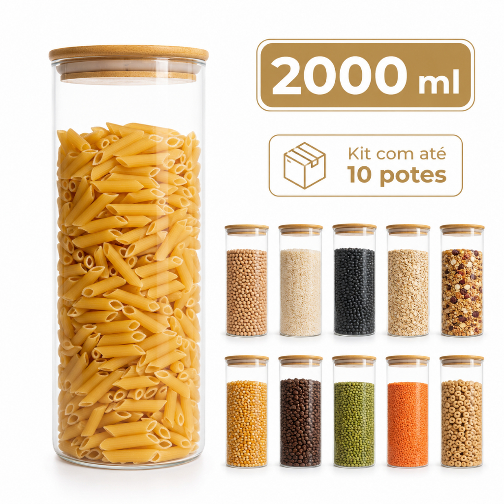 Pote Hermético de Vidro 2000ml Tampa Bambu Organizador Cozinha Mantimentos Temperos Grãos Cereais