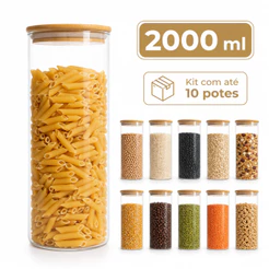 Pote Hermético de Vidro 2000ml Tampa Bambu Organizador Cozinha Mantimentos Temperos Grãos Cereais