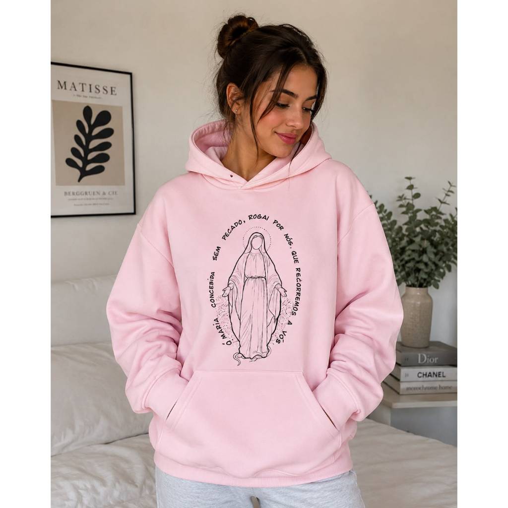 Moletom Unissex Nossa Senhora das Graças Religioso Católico Casaco de Frio Estampado