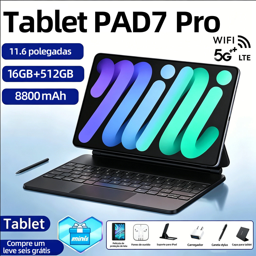 tablet PAD7 Pro Combo com Teclado e Mouse -11.6inch 16GB+512GB Android 15 8800mAh Ideal para Estudos e Jogos
