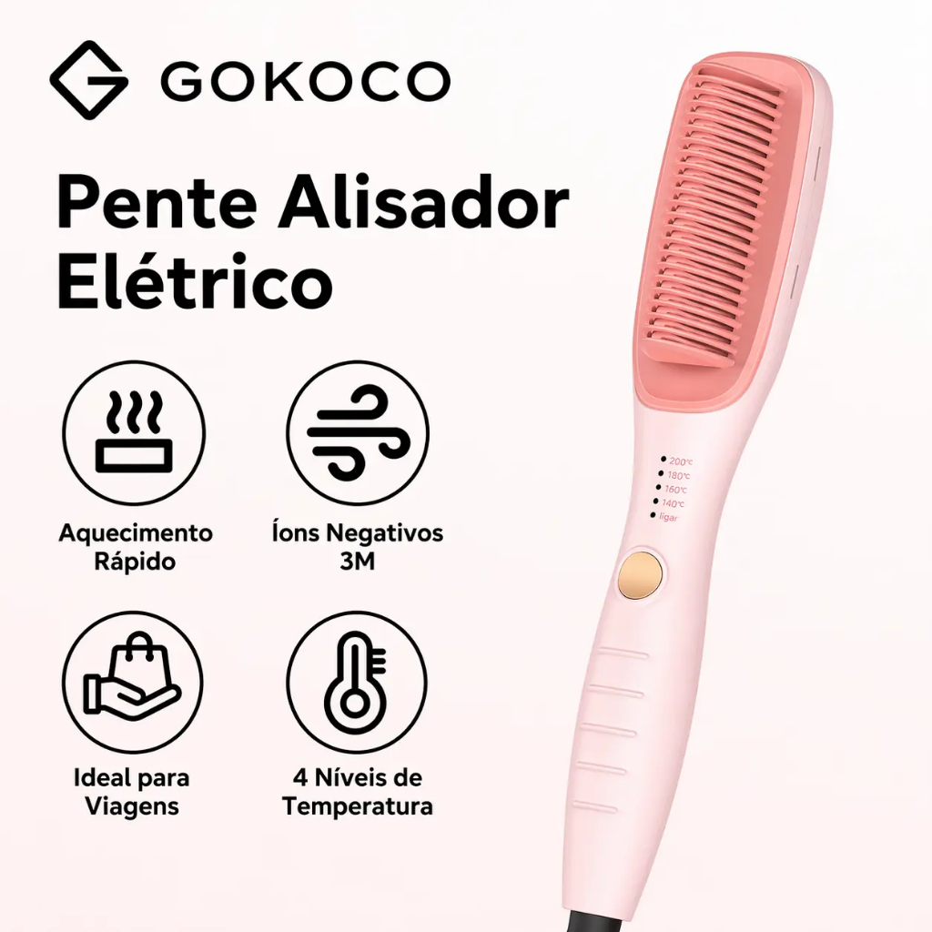 GOKOCO Escova alisadora alisamento instantâneo aquecimento rápido quatro configu