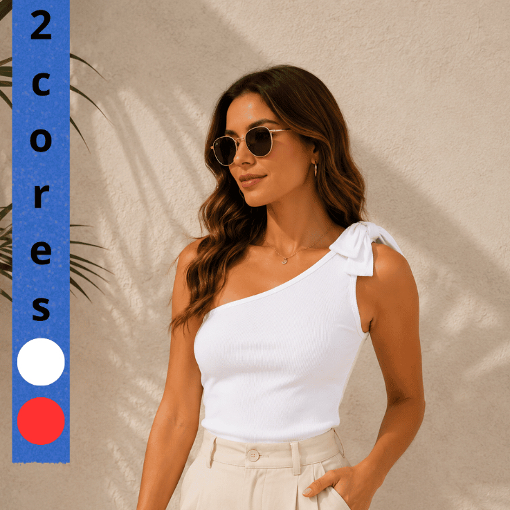 Blusinha Feminina Ombro Único com Laço Ribana Canelada 100% Algodão Casual Elegante Estilosa Moda Primavera Verão Básica