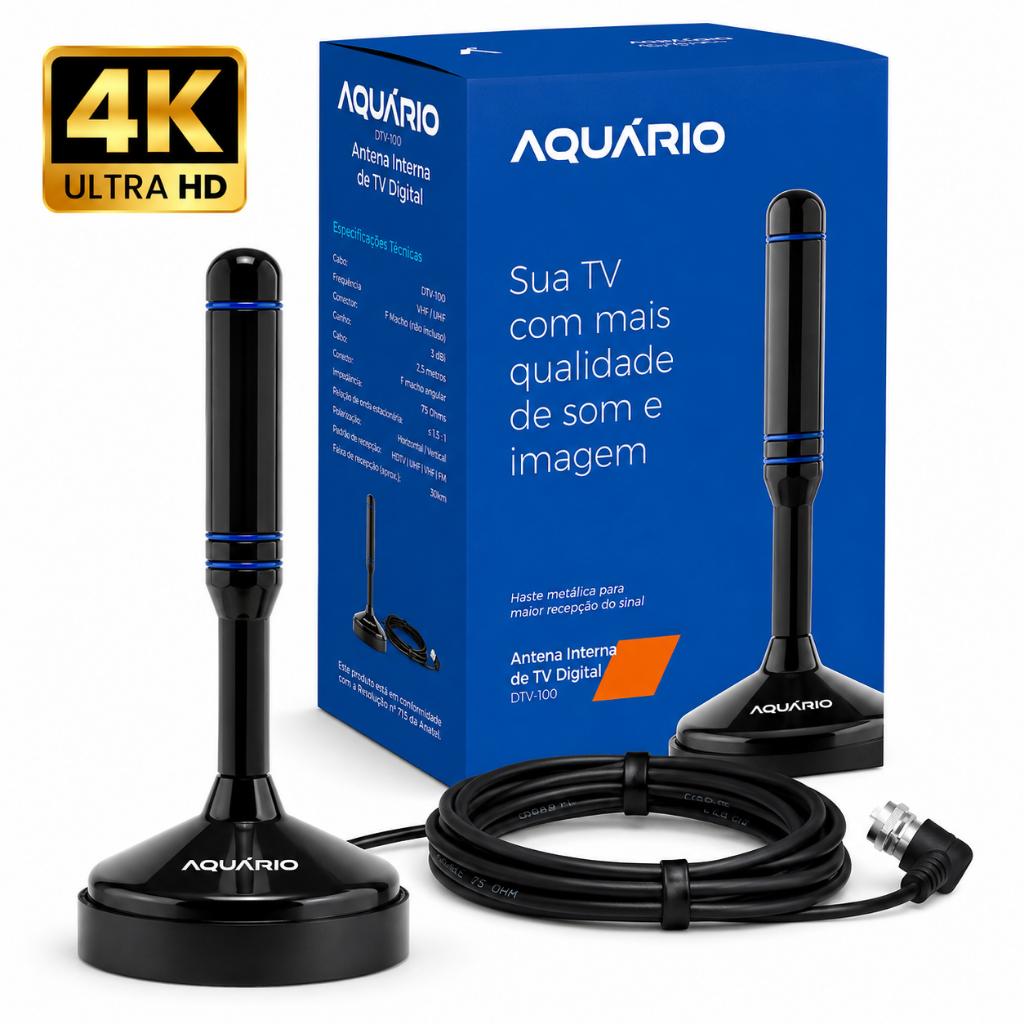 Antena TV Digital Interna Aquário HDTV Full HD 4K 2,5m Sinal Forte Fácil Instalação
