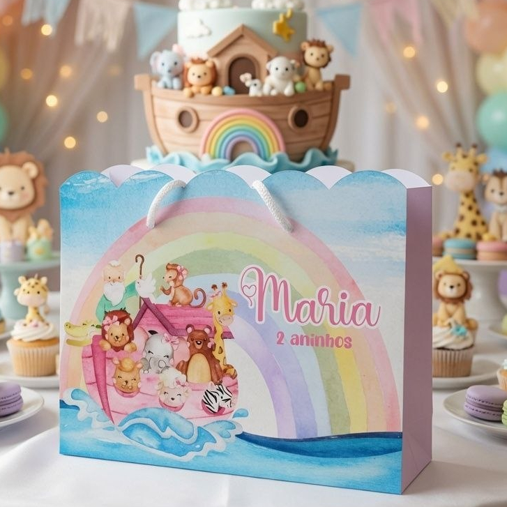 Sacolinha Personalizada Festa Infantil 20x15cm Nuvem Pegue e Monte Lembrancinha ARCA DE NOÉ MENINA