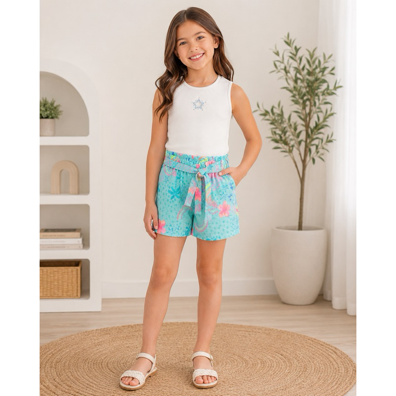 Conjunto Infantil Menina Marlan TAM 10 Blusa Regata e Short Estampado Verão