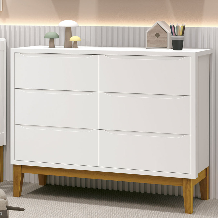 Cômoda Théo New Moderno para Quarto Infantil 6 Gavetas Branco Fosco com Madeira - MoveisAqui