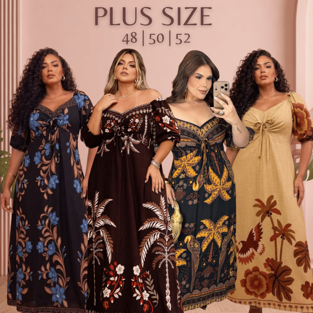 Vestido Plus Size Longo Manga Princesa Franzido Estampa Tropical Evangélico Tendência Inspiração Chique Estiloso