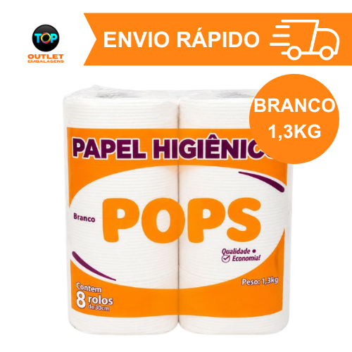 Papel Higiênico Rolão Pops Branco – Fardo com 8 Rolos, Alta Maciez e Resistência 1,3kg