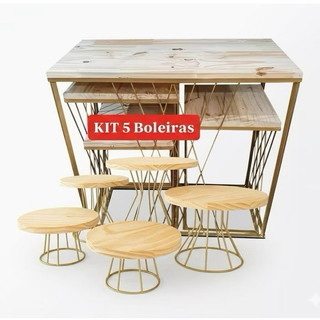 Kit 4 Mesas Treliça com kit 5 boleira Tampo de Madeira Pinus Estrutura em Ferro dourada Decoração Festas