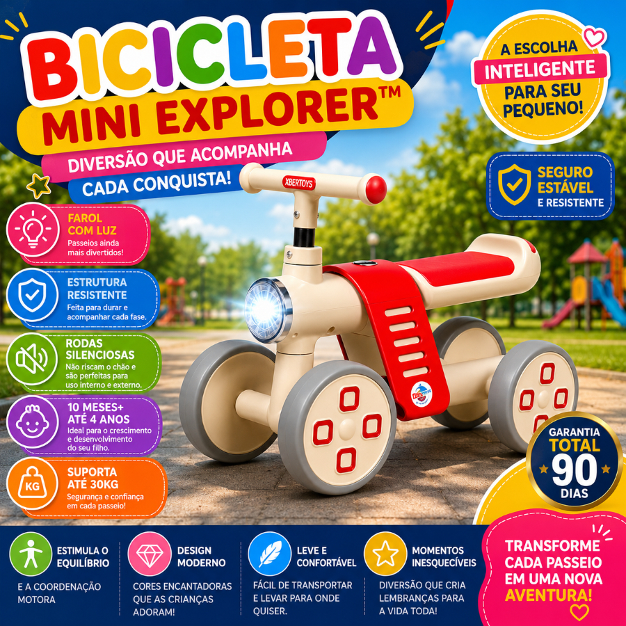 Bicicleta de Equilíbrio Andador Infantil Mini Explorer™ 4 Rodas com Luz - Vermelha - Até 30kg