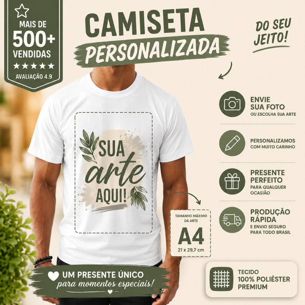 Camiseta Branca Personalizada 100% Poliéster Unissex – Estampa em Alta Definição