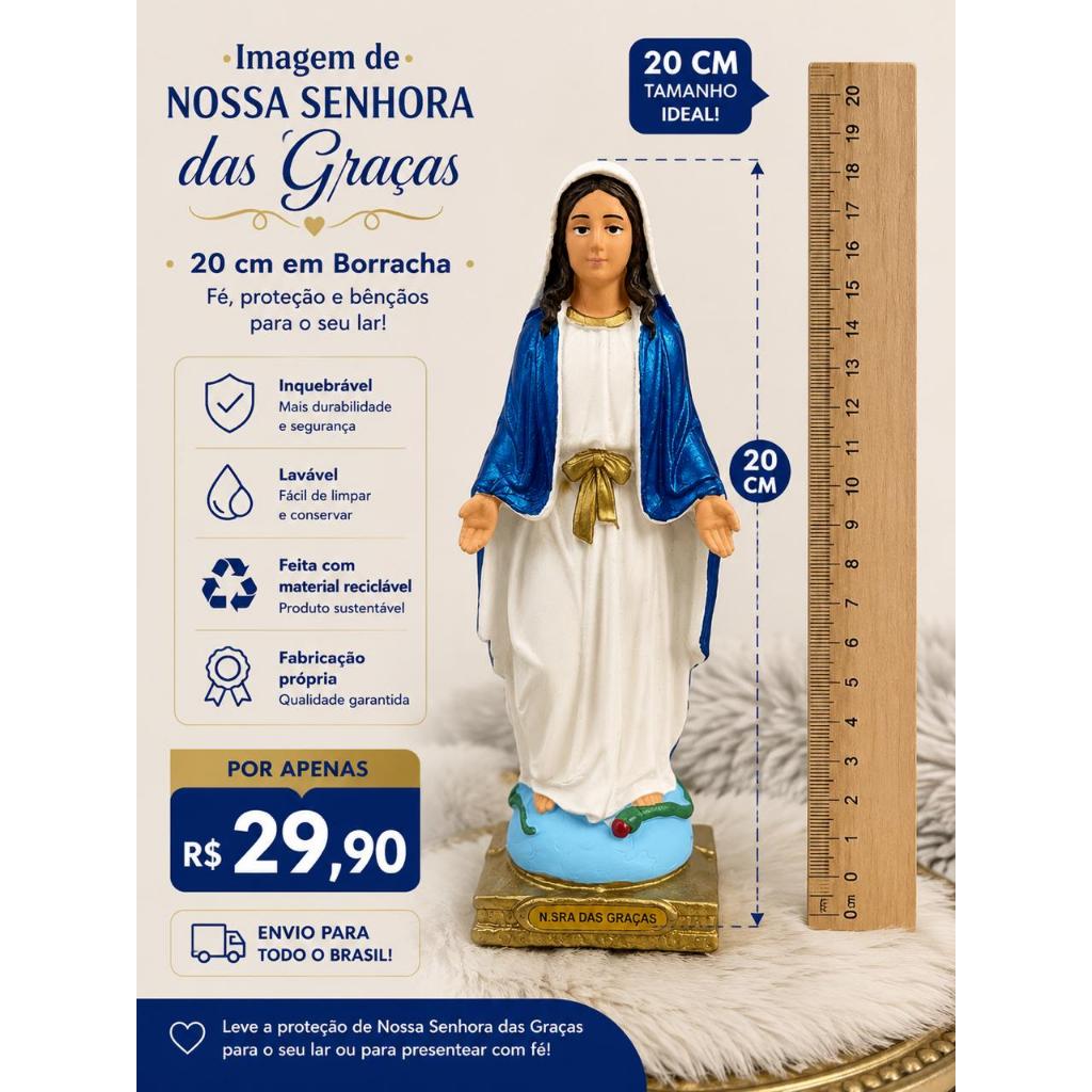 Nossa Senhora das Graças 20 cm em Borracha lavável e Inquebrável Imagem Católica Decorativa Alta Qualidade
