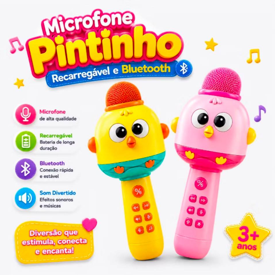 Microfone Karaokê Patinho Infantil Brinquedo com Luz e Musica Bluetooth Recarregável Sem fio