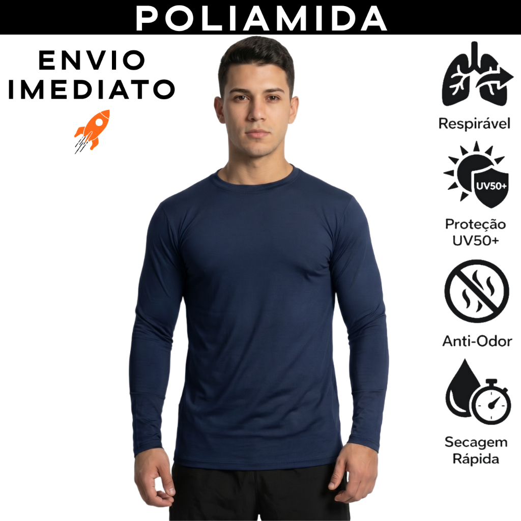 Camisa Térmica Poliamida Manga Longa Masculina Uv50+ Anti Odor Não Amassa Academia Segunda Pele Lisa