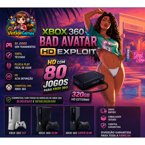 HD Externo 320GB Xbox 360 Bad Avatar HD Exploit + 80 Jogos | Compatível Fat Slim Super Slim Bloqueado e Desbloqueado