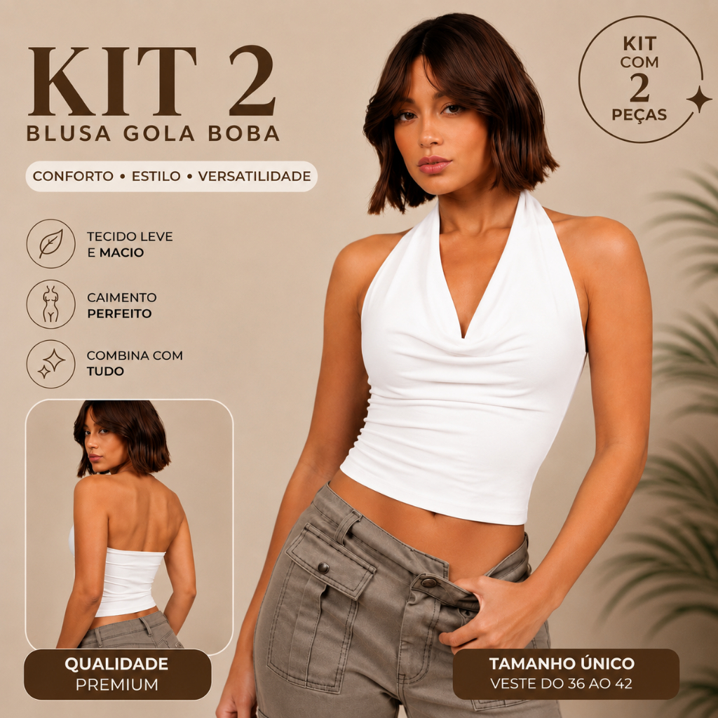 Kit 2 Blusa Gola Boba Feminina Soltinha Decote Drapeado Elegante