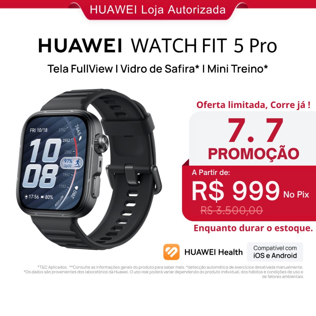 HUAWEI WATCH FIT 5 Pro| Smartwatch Relogio | Tela FullView AMOLED de 1,92"| Mini Treino | 64 GB ECG