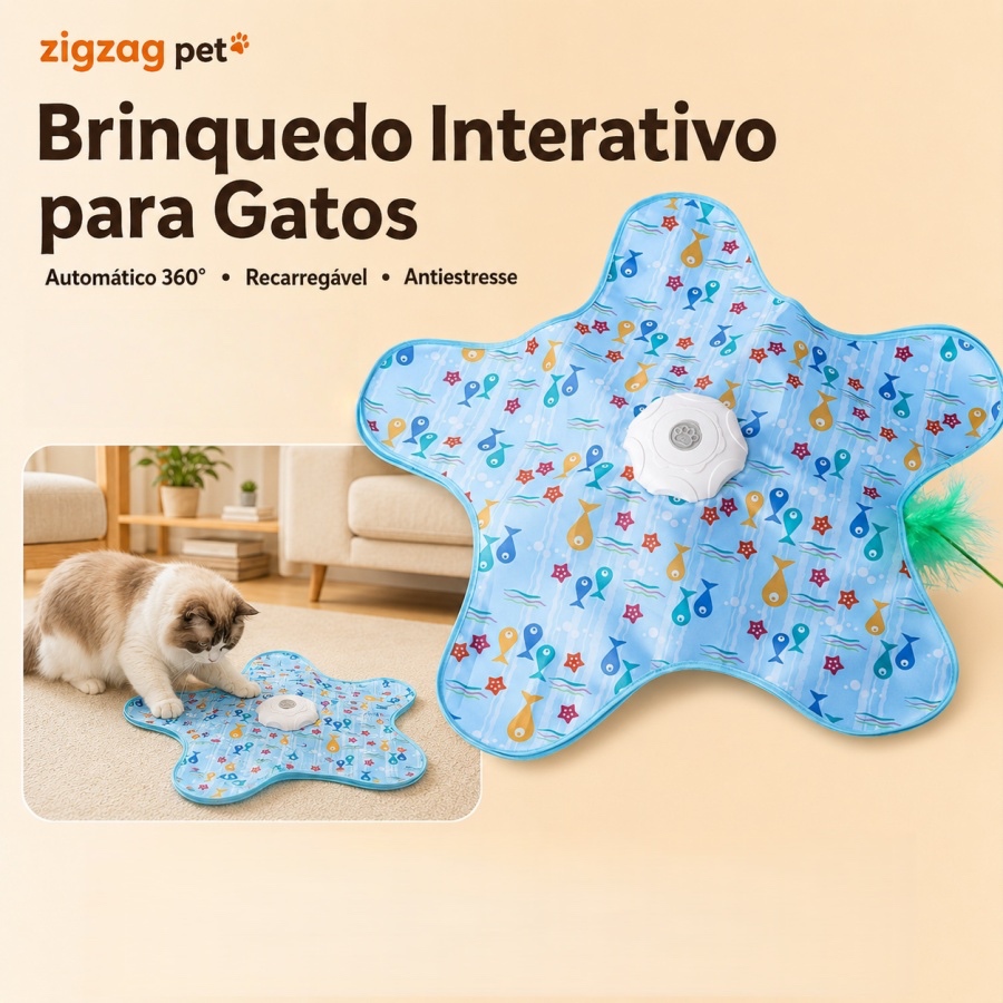Brinquedo Interativo Para Gatos Tapete Estrela Automático 360 Recarregável Com Pena