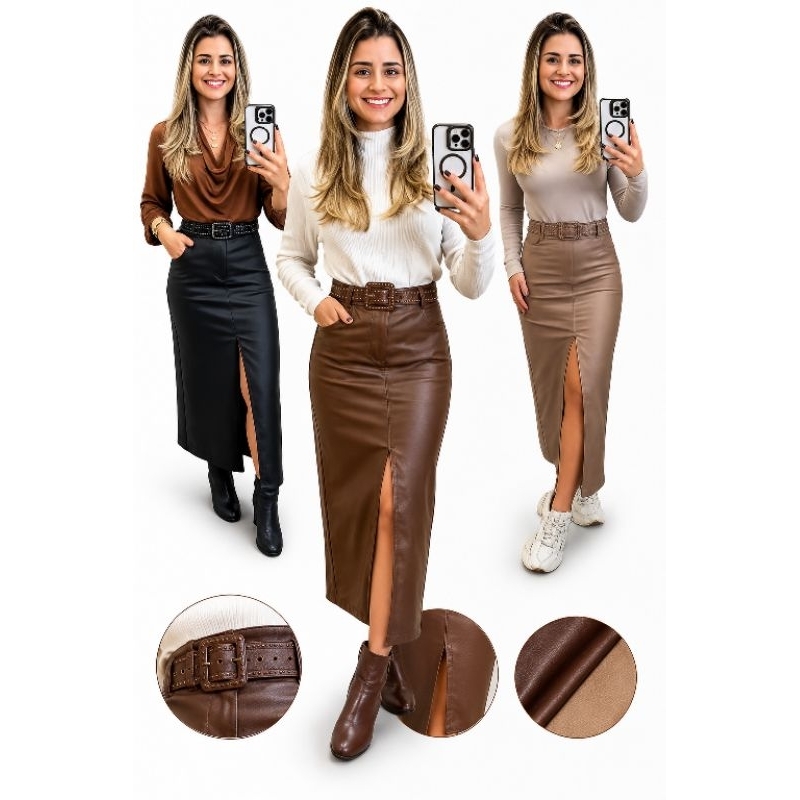 Saia Midi Feminina Cintura Alta Resinada Acabamento Premium