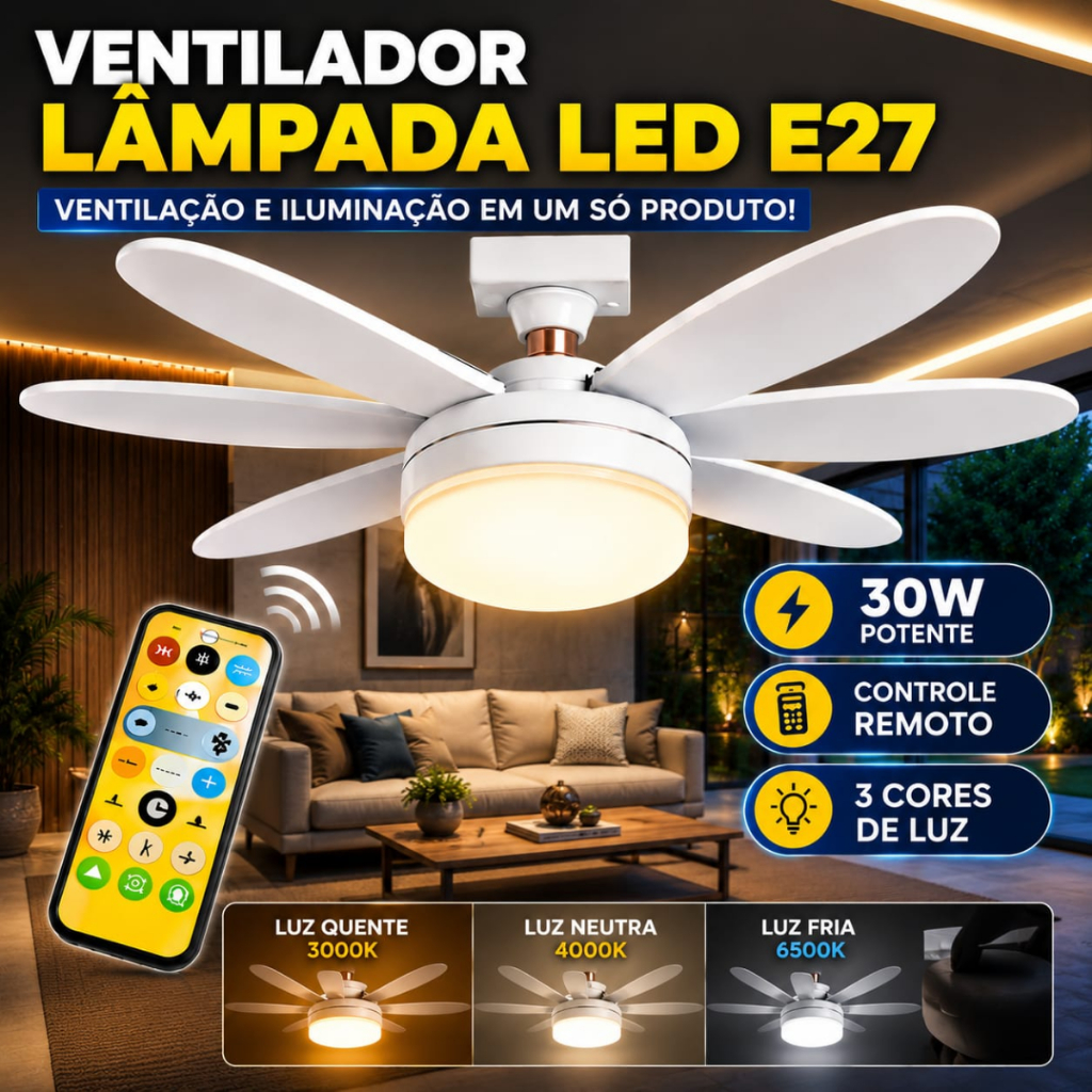 Ventilador de Teto E27 LED 30W 5 Pás Controle Remoto 3 Cores de Luz Silencioso Bivolt