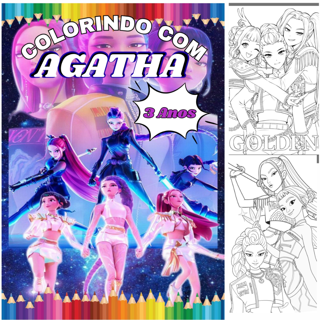 Revistinha Livro de Colorir para Lembrancinha de Aniversário Guerreiras do K-Pop Huntrix Personalizado com o nome