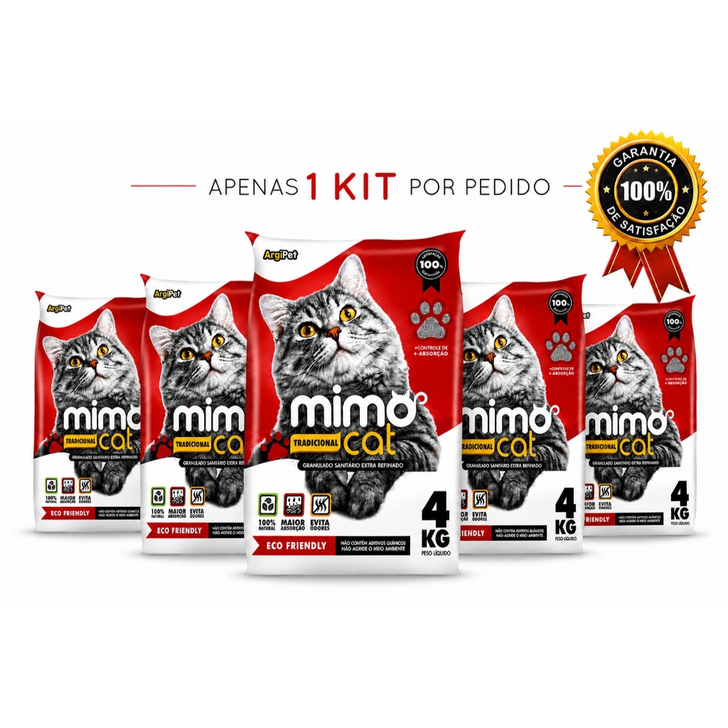 KIT 5 Areias de Gato Sanitária Higiênica 20KG Absorvente Biodegradável Anti-Odor Mimocat Tradicional