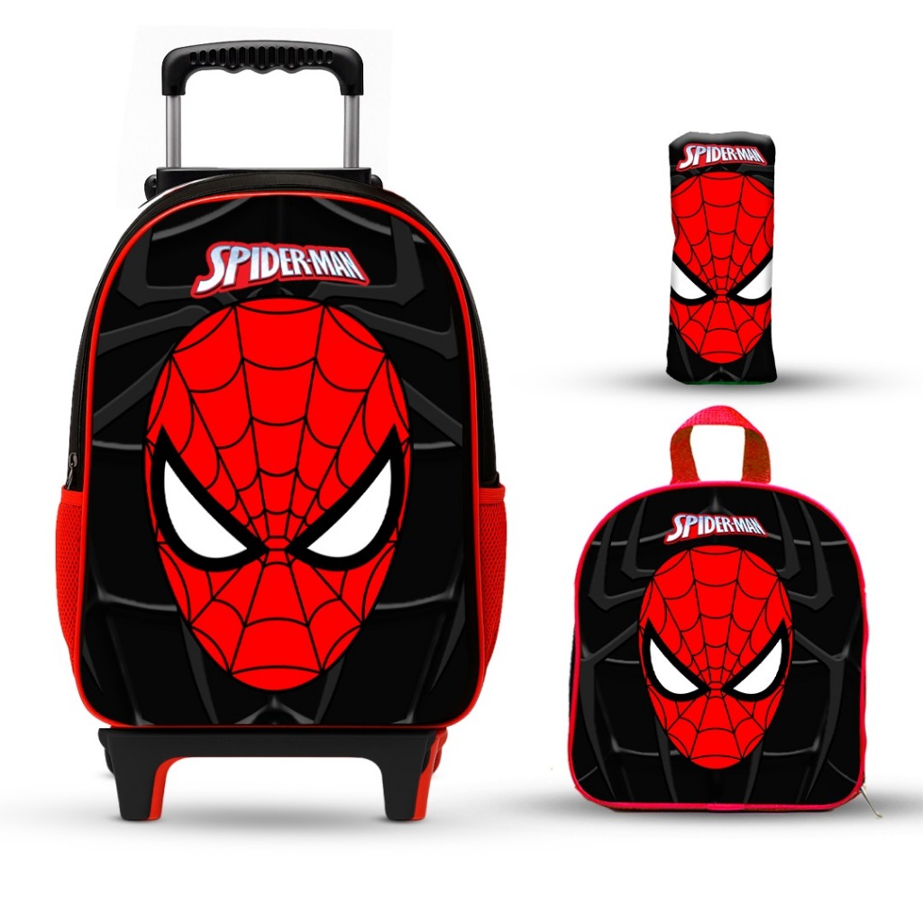 Mochila Escolar Aranha com Lancheira e Estojo - Menino - Rodinhas - Masculino -Reforçada