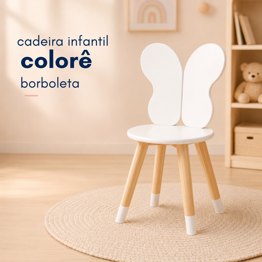 Cadeira Infantil Colorê Borboleta;  escolas, creches, brinquedotecas, espaços kids, consultórios e ambientes educativos.
