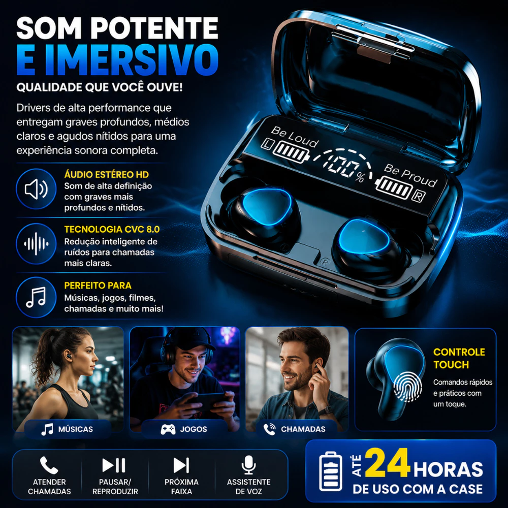 Fone M10 Bluetooth 5.3 Fone de Ouvido Sem Fio TWS Estéreo Power Bank Carregador Display LED