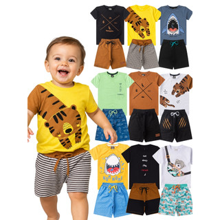 Kit 4 Peças Roupa Bebê Menino Verão Conjunto Infantil 2 Camisas e 2 Bermudas Sortido P ao 12 Anos