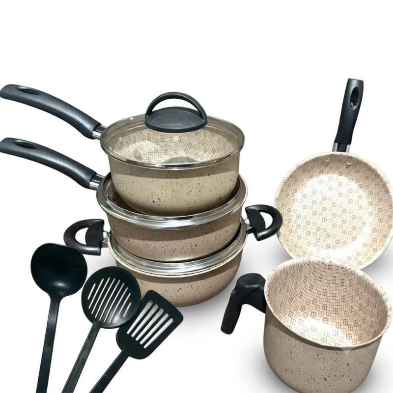 Kit de Panelas Marfim 8 Peças Antiaderente Teflon Premium com Tampa de Vidro