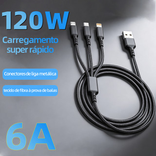 Cabo de Carregamento 3 em 1, Potência 120W 6A, Liga de Zinco durável, para Micro e Tipo-C 120CM