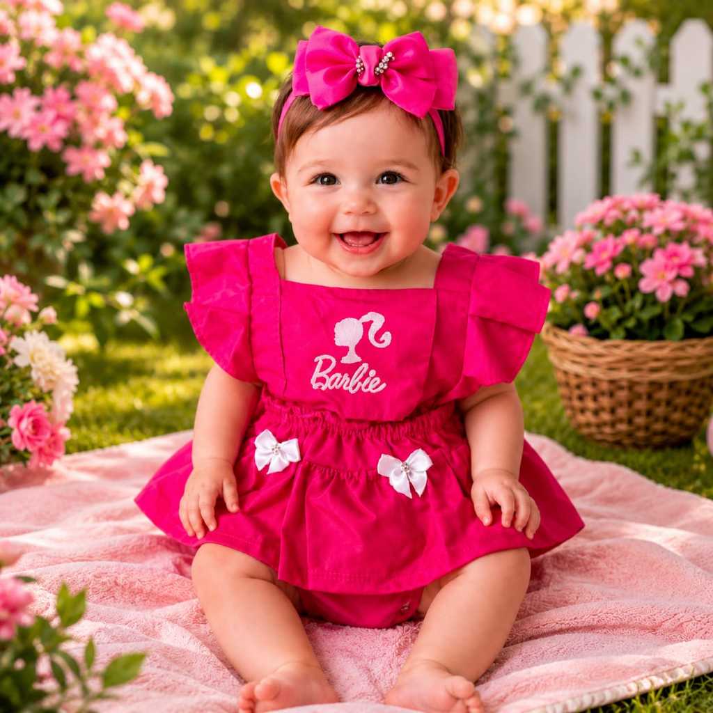 Romper Barbie Bebê Mesversário Menina Rosa com Laço Fantasia Infantil Body Vestido Festa