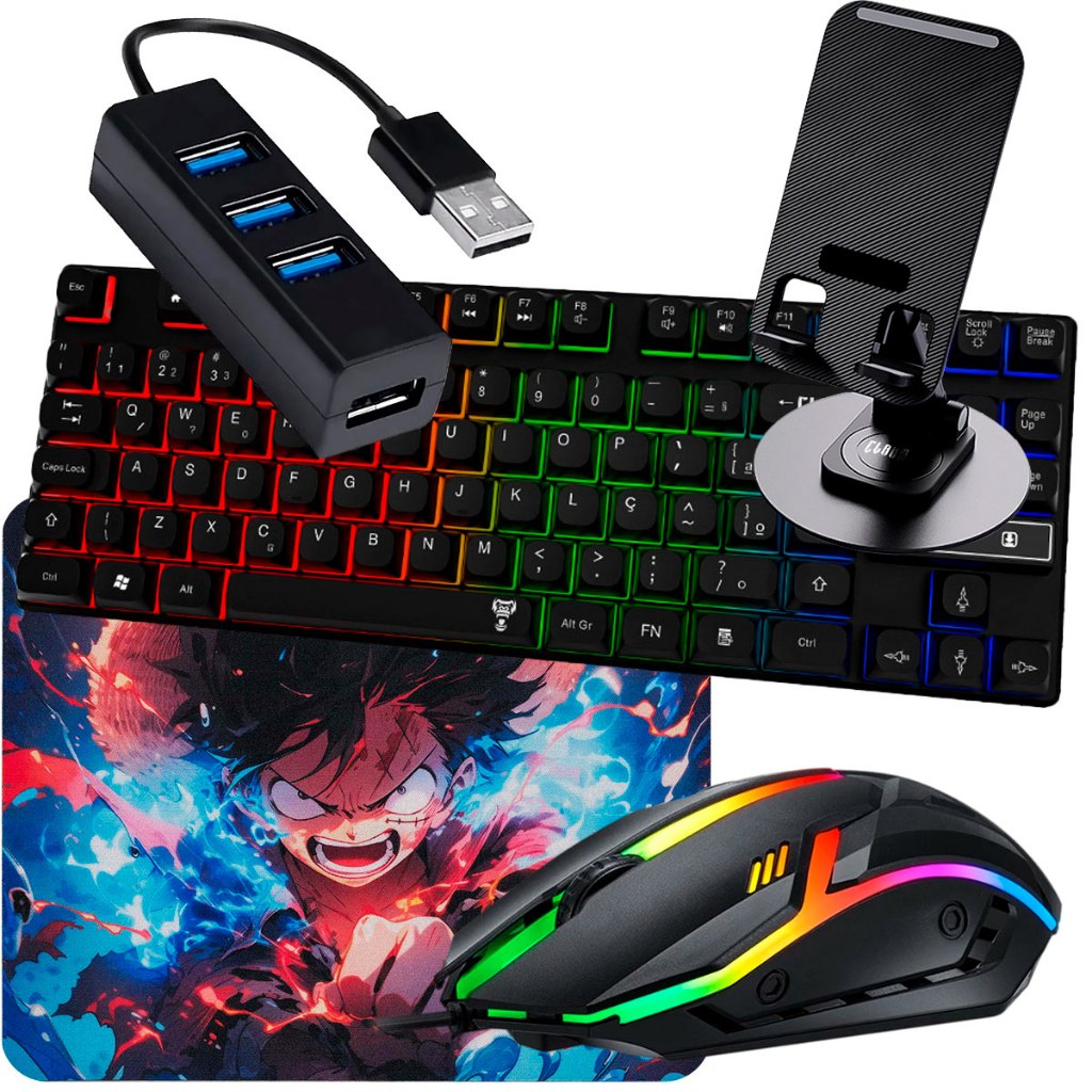 Kit Gamer Celular com Teclado RGB, Mouse, Tripé e Hub | Tipo C ou V8
