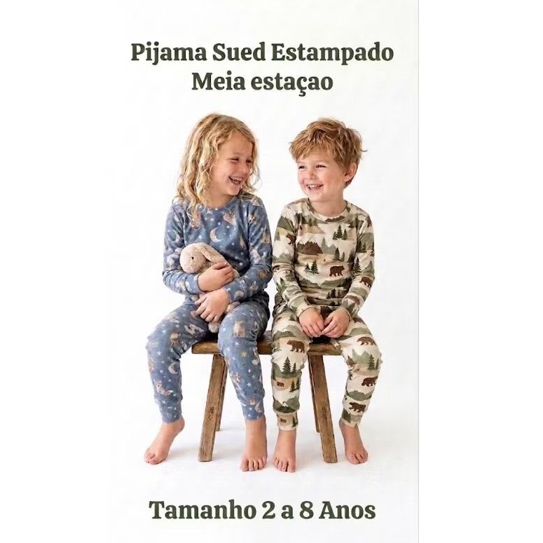 Conjunto  Infantil Sued Verão Pijama Estampado Menino e Menina Tam. 2 ao 8 leve e Confortável