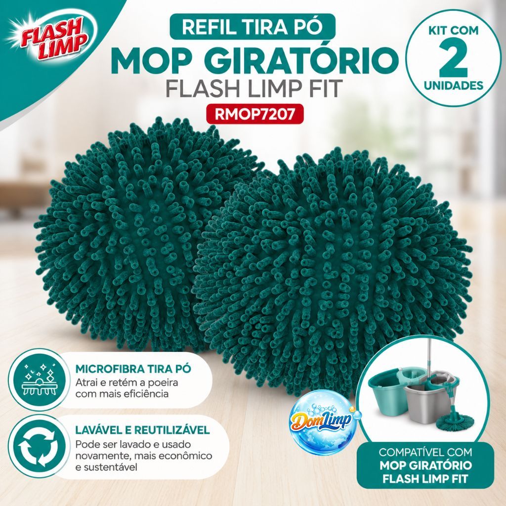 Kit 2 Refil Mop Giratório Fit Tira Pó Flash Limp Original RMOP7207 Reposição Esfregão Limpeza Piso