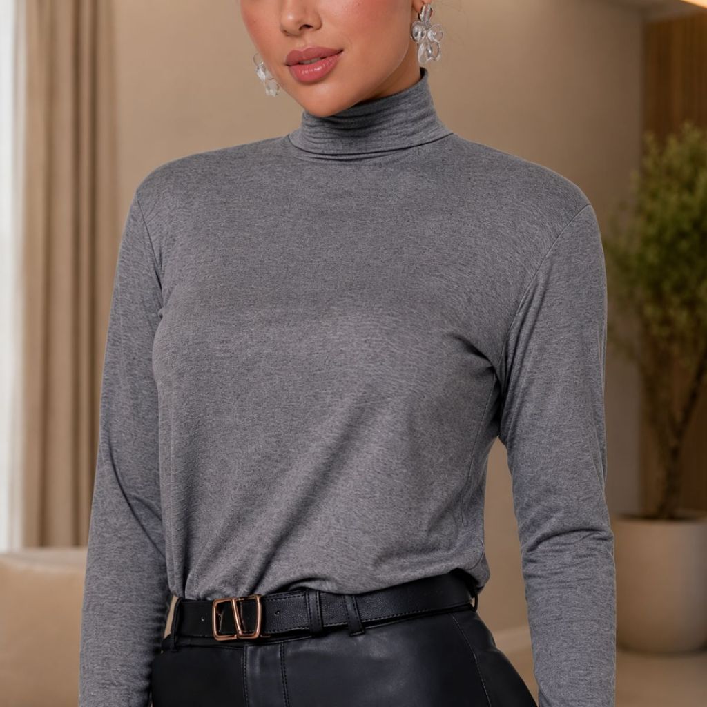 Blusa Feminina Gola Alta Manga Longa Cacharrel Cinza Mescla Envio Imediato