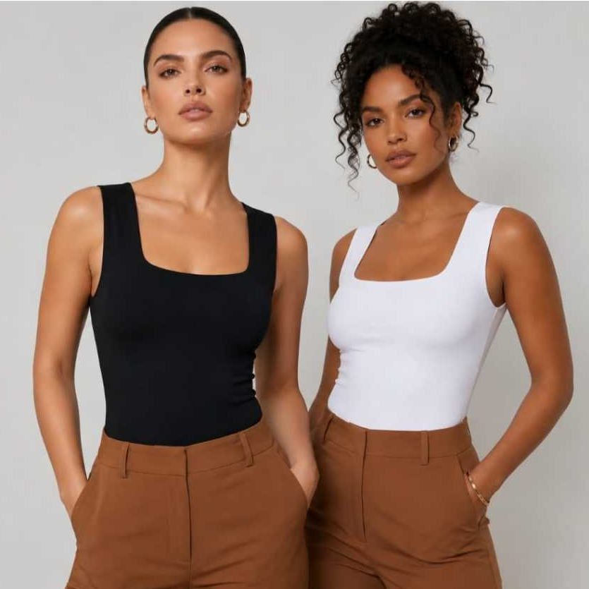 Kit 2 Regatas Femininas Decote Quadrado Alça Grossa Forro Duplo Tecido Suplex  Moda Blogueira Elegante Versátil