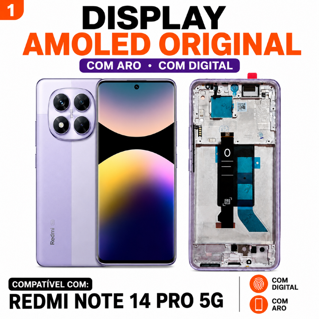 Display Redmi Note 14 Pro 5G Tela Frontal Original Roxo/Lilas Com Aro Com Digita