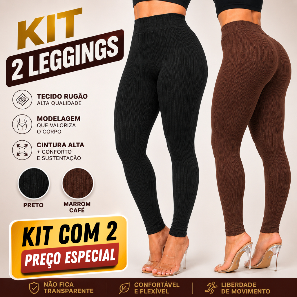 Kit 2 Calças Legging Feminina Rugão Cintura Alta Modeladora Premium Sem Transparência PRETO + MARROM