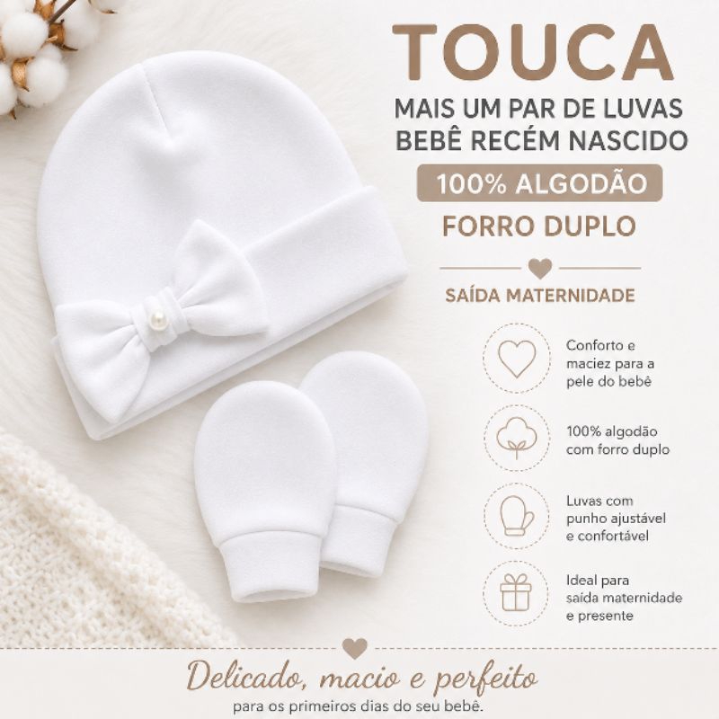 Lindo Kit Touca e par de Luvas bebê 100% algodão Premium forro duplo saída maternidade