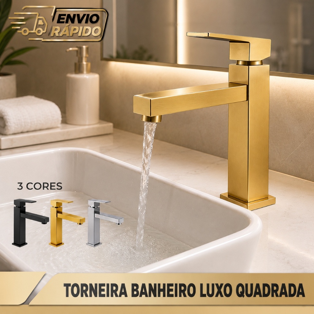Torneira de Banheiro Quadrada Metal Moderna Inox Lavabo Pia Luxo Dourado Cromado Preto Lavatório